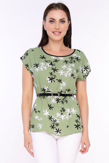 Блуза "Афина" с пояском (олива, цветы) Б2445